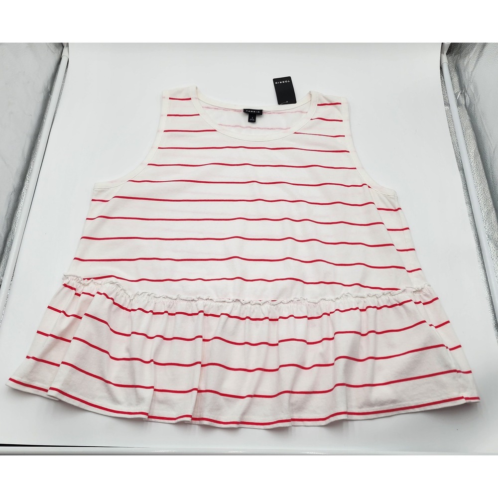 Torrid Tank Top Women 14-16 White Red NEW Striped Babydoll Peplum Ruffle Cotton - Picture 1 of 9